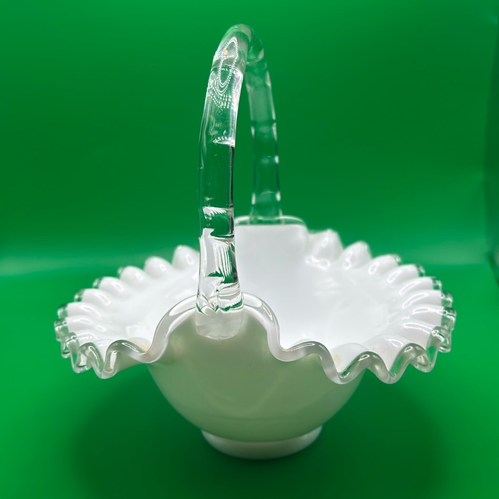 Fenton silver crest white milk glass crimped basket bamboo like handle